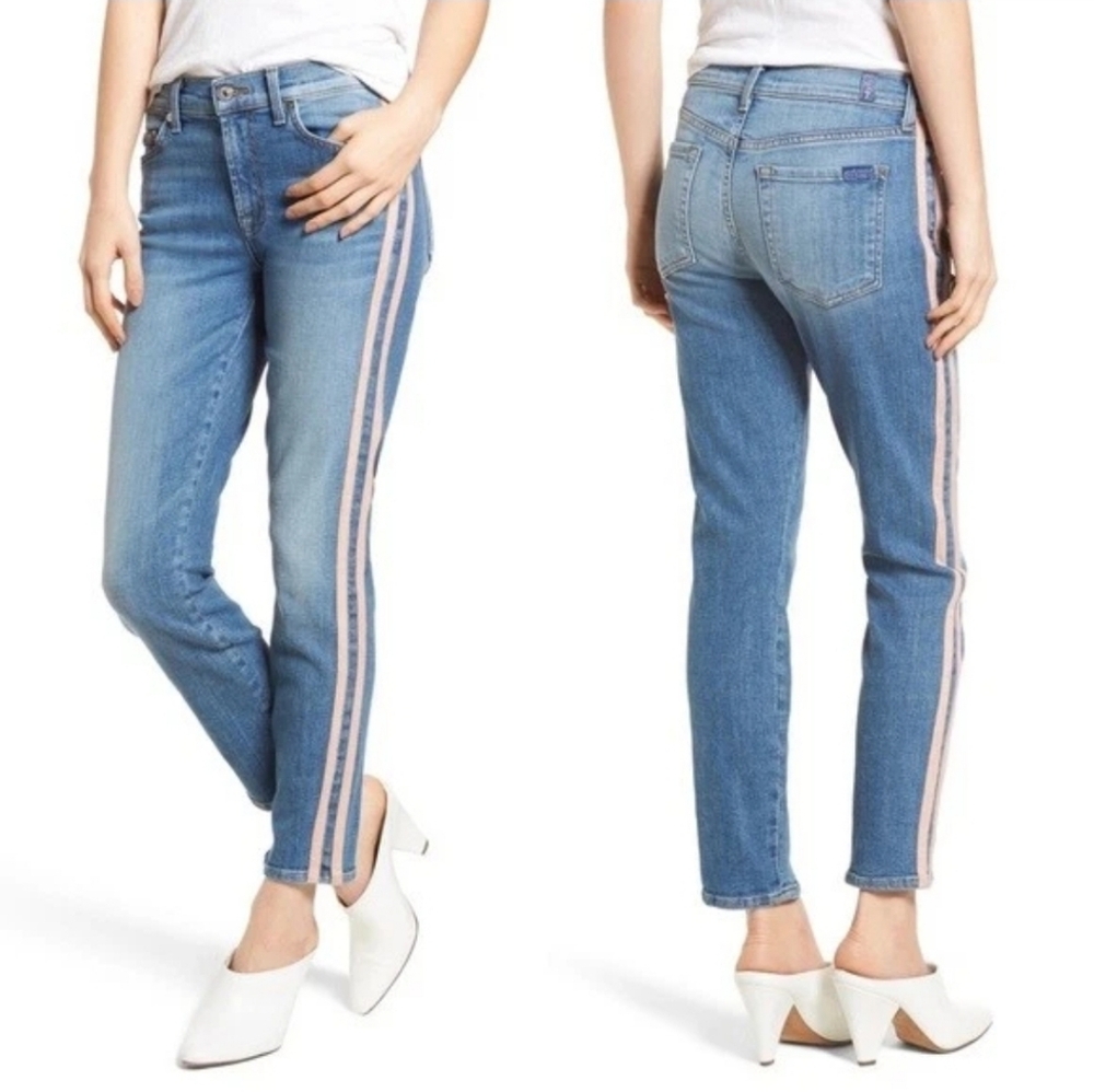 7 For All Mankind Roxanne Skinny Jeans Womens Size 32 Blue Double Racing Stripes - Picture 1 of 15